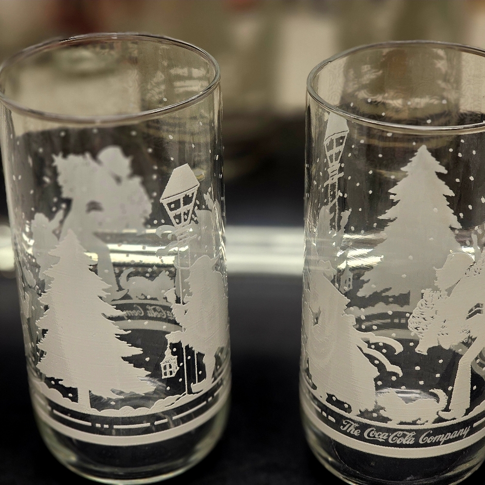 Lot of 2 Vintage Coca Cola White Christmas Glasses